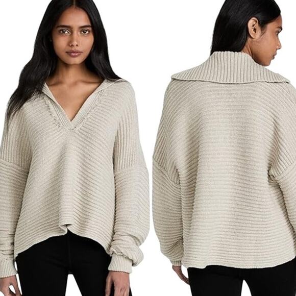 Free People Sweaters - Free People Marlie Oversized Pullover Sweater Rib Knit Beige Women's Size Small